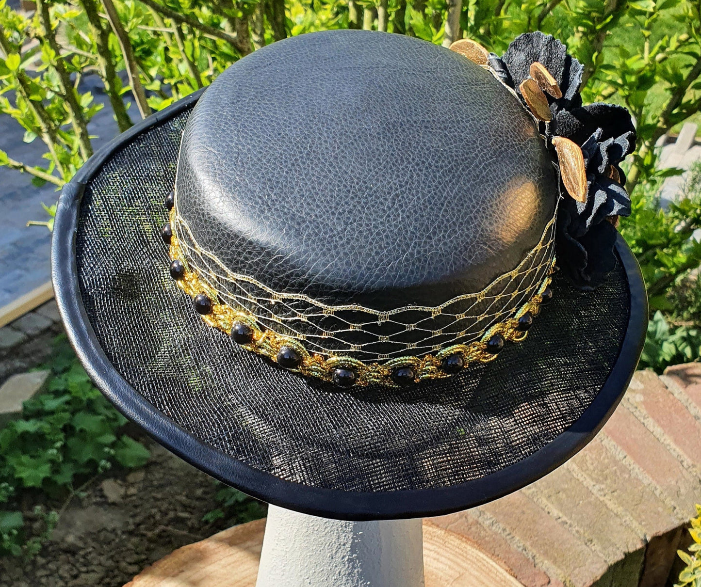 Handmade fascinator gold with black from natural leather and sinamay, wedding hat, guest hat, women's hat, special occasion hat