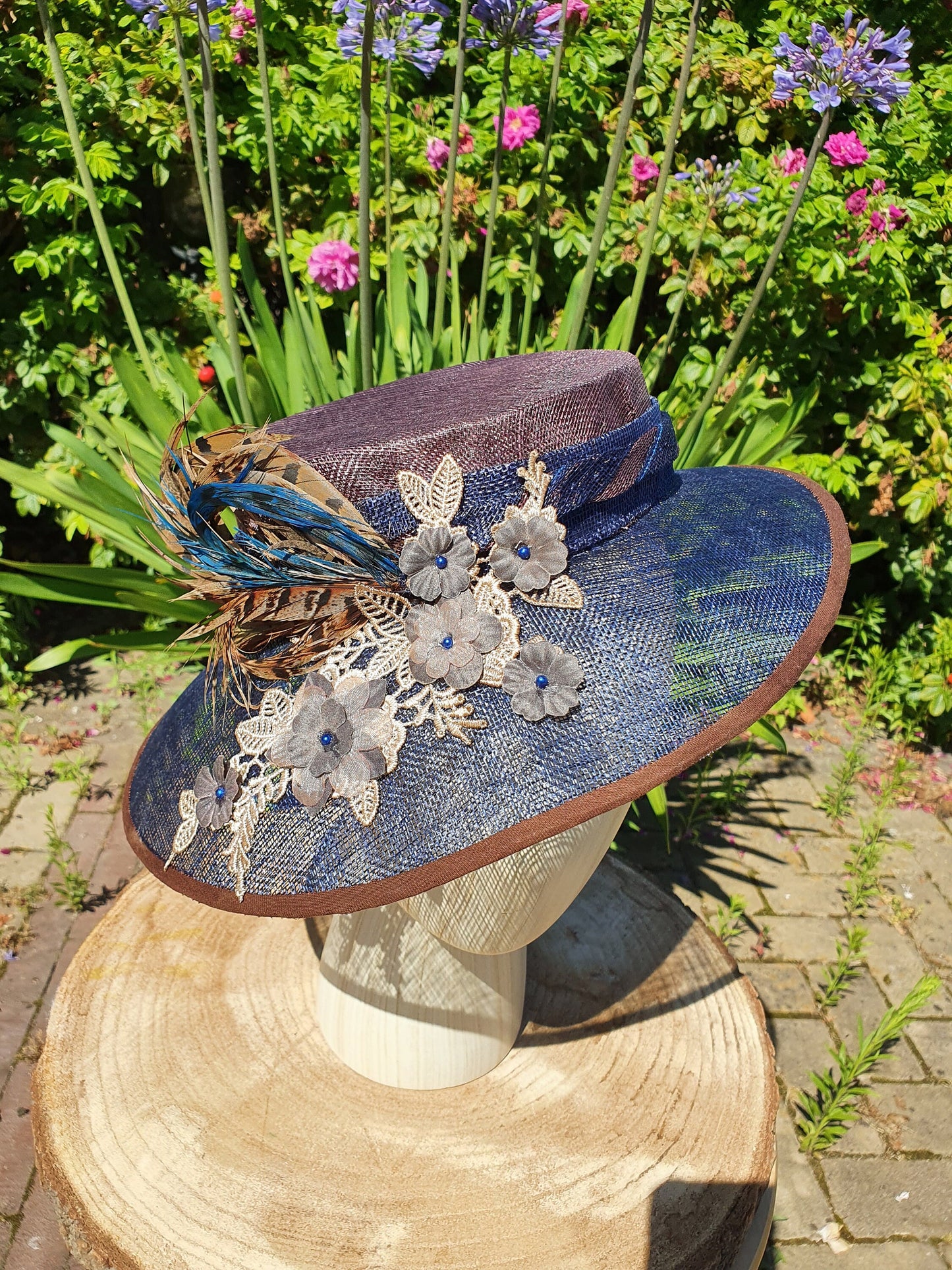 Elegant handmade sinamay hat in blue and brown- Elegant style for any occasion, event hat, wedding hat, guest hat