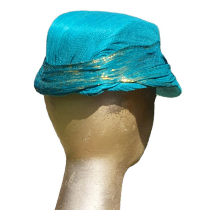 Elegant handmade hat from sinamay and abaca silk for women, beautiful green-blue hat, events, fascinator, party