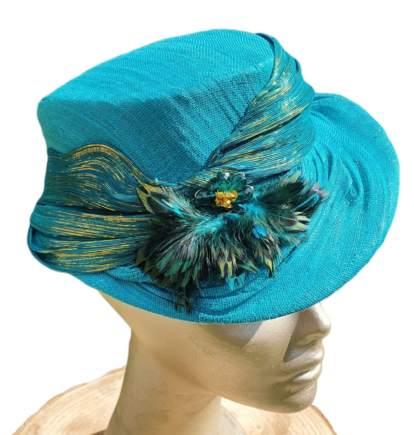 Elegant handmade hat from sinamay and abaca silk for women, beautiful green-blue hat, events, fascinator, party