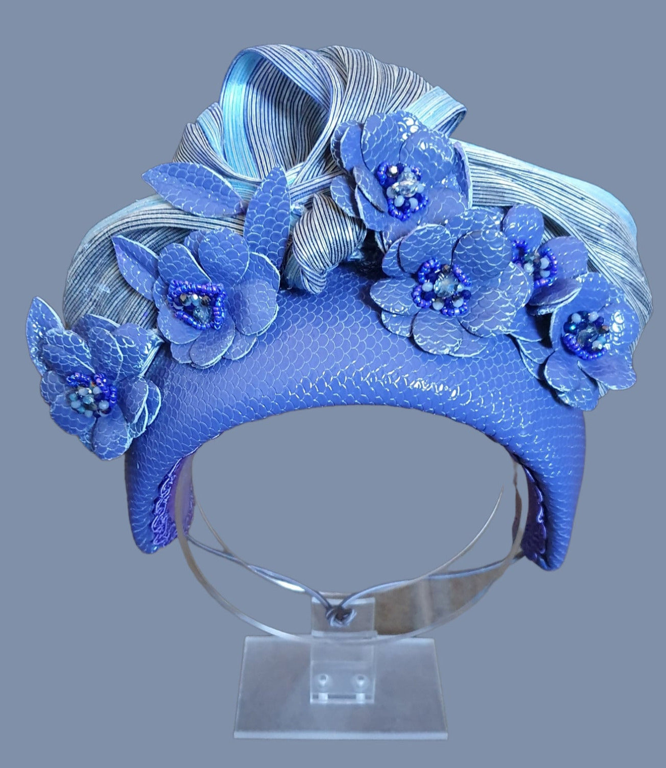Handmade purple and blue headband from natural leather with flowers and silk abaca - beautiful headband, festive unique diadem
