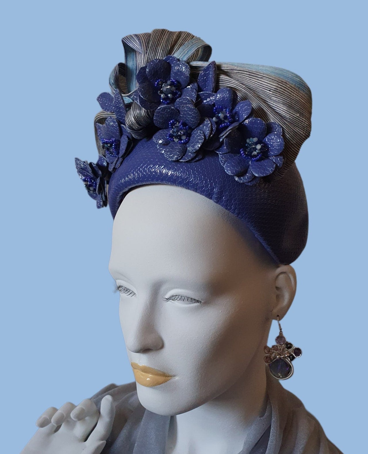 Handmade purple and blue headband from natural leather with flowers and silk abaca - beautiful headband, festive unique diadem
