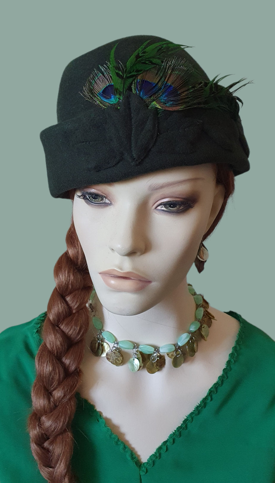 Unique Handmade Green Pillbox Hat with Peacock Feathers, winter hat, fascinator, guest hat, event, wedding.
