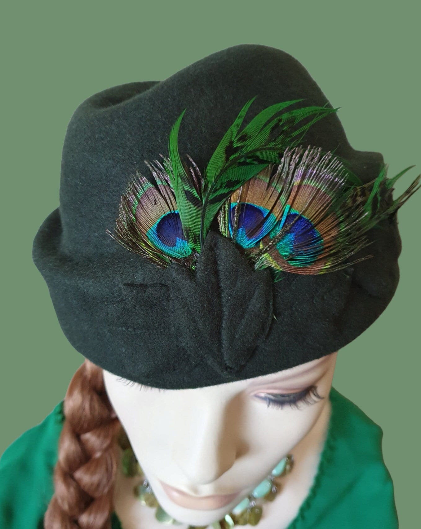 Unique Handmade Green Pillbox Hat with Peacock Feathers, winter hat, fascinator, guest hat, event, wedding.