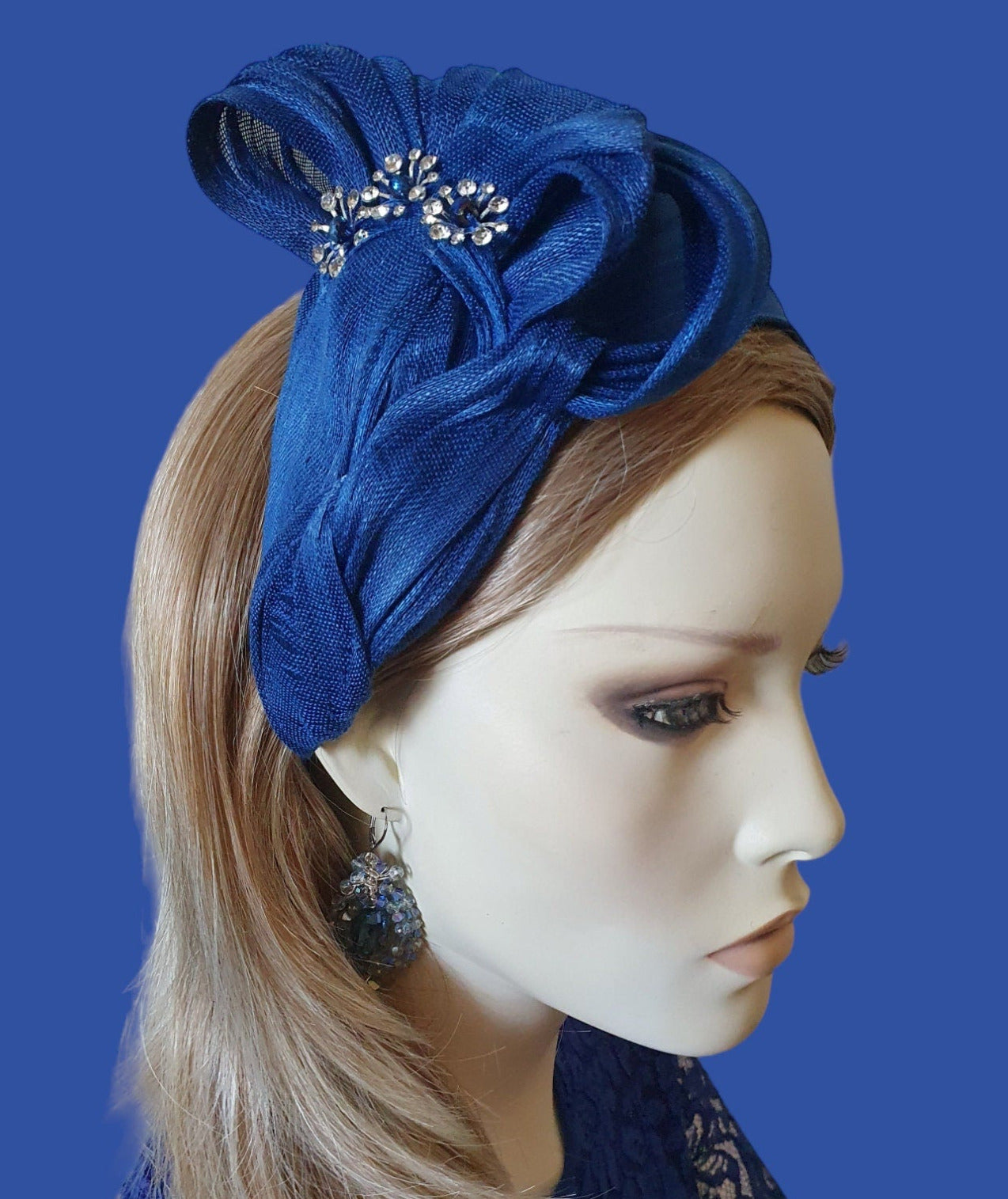 Elegant handmade blue headband with silk abaca flower stones, guest headband, women's headpiece, wedding, special events