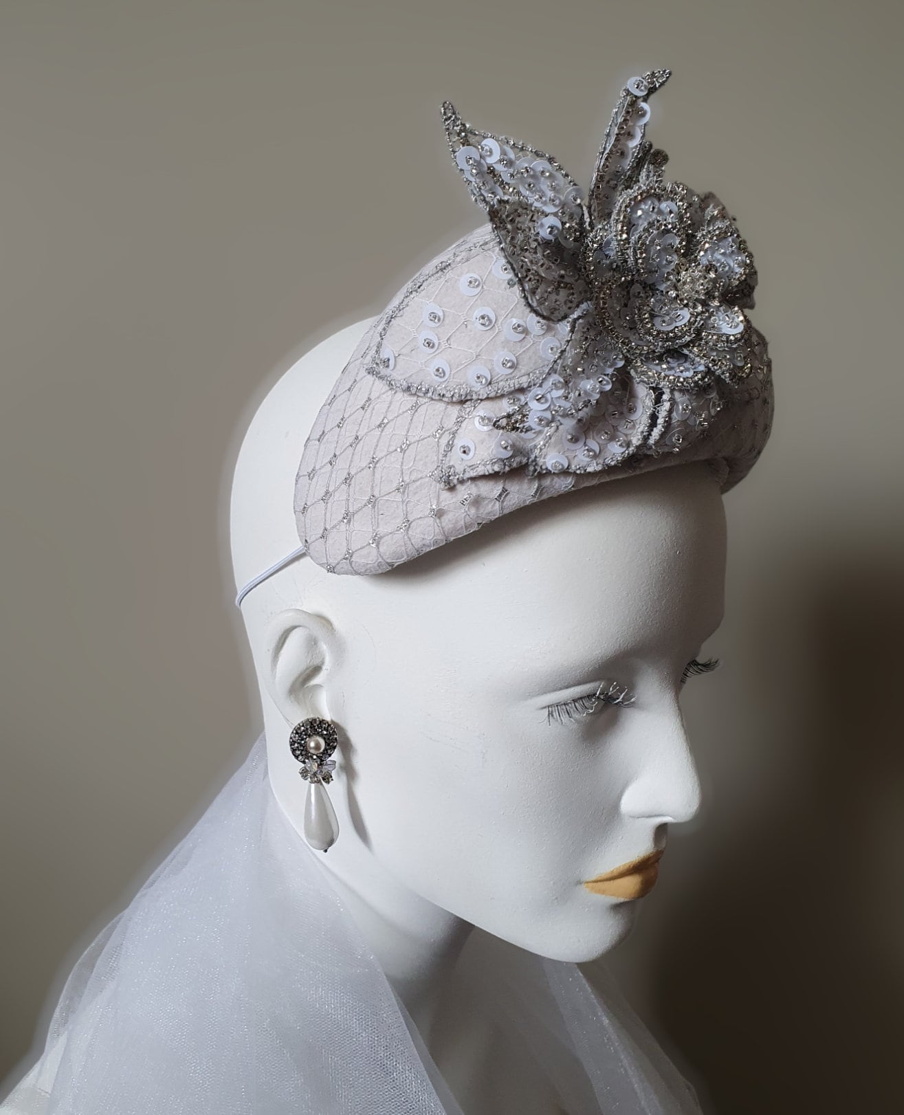Handmade ecru felt headband with sequins, bridal headdress, diadem- Elegant hair accessory, women's headband, special occasions