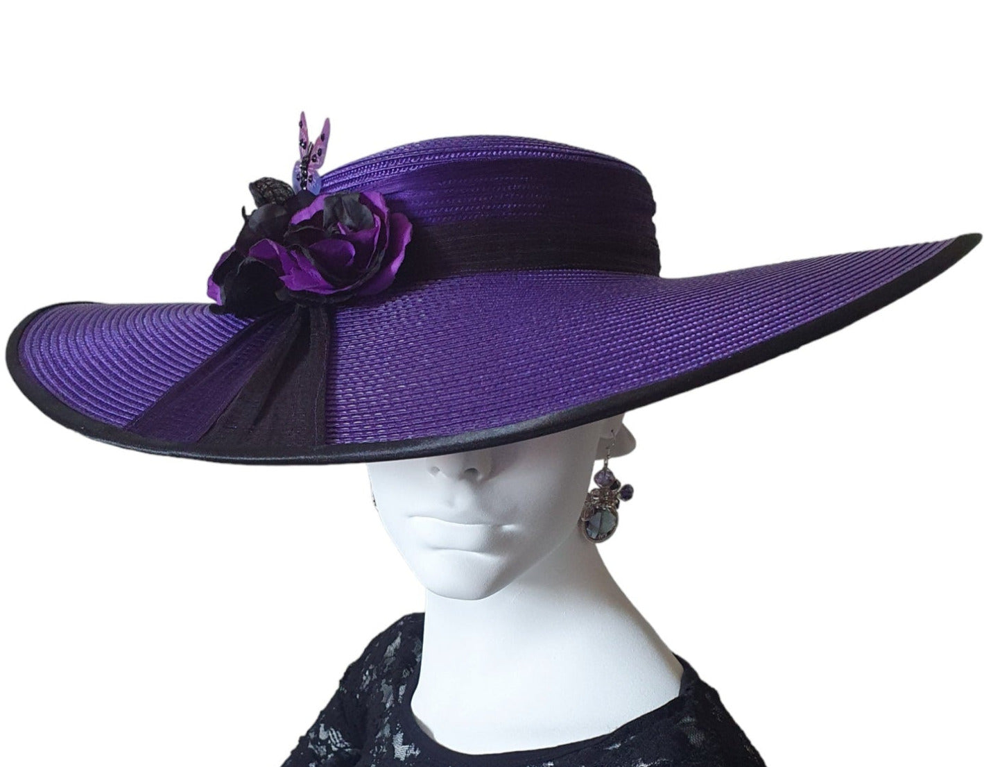 Elegante handgemaakte donker paarse polypropyleen hoed voor dames - Zijden Abaca, Zomer Pamela, Unieke Fascinator