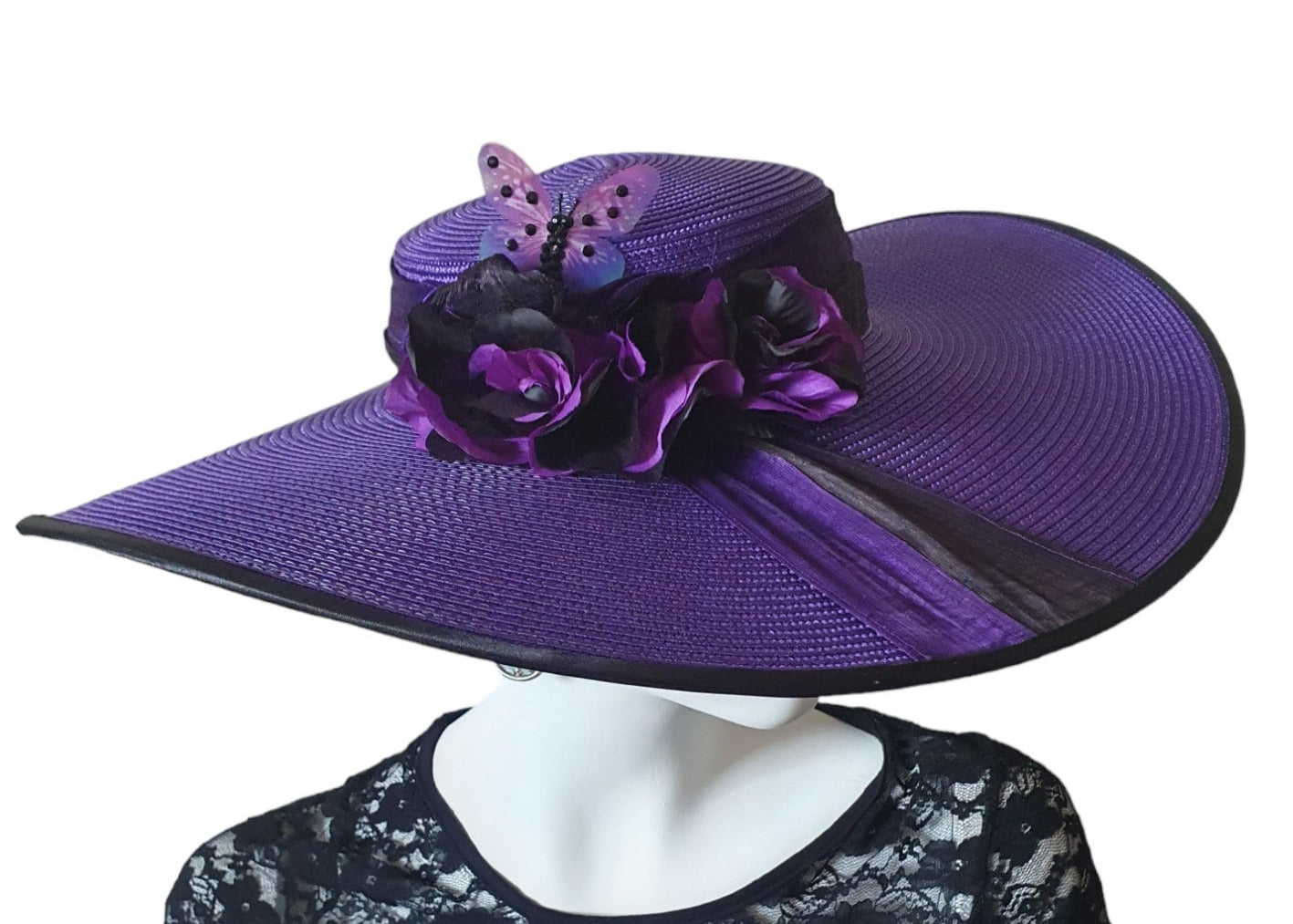 Elegante sombrero de polipropileno morado oscuro hecho a mano para mujer - Silk Abaca, Summer Pamela, Unique Fascinator