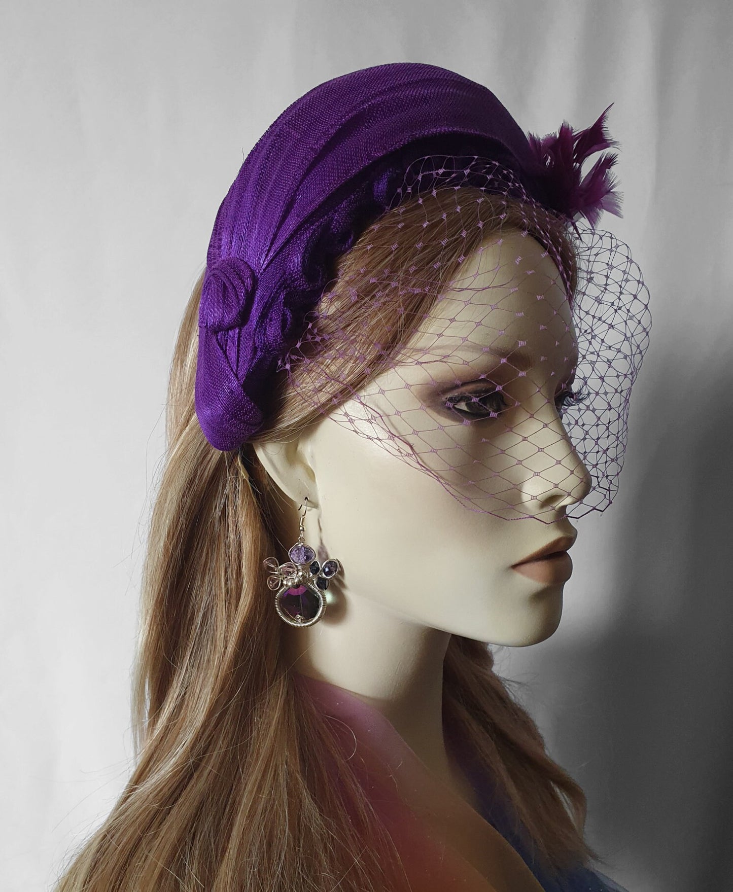Headband purple abaca silk with veil handmade, for a special occasion. Fascinator, Tiara, Hairband