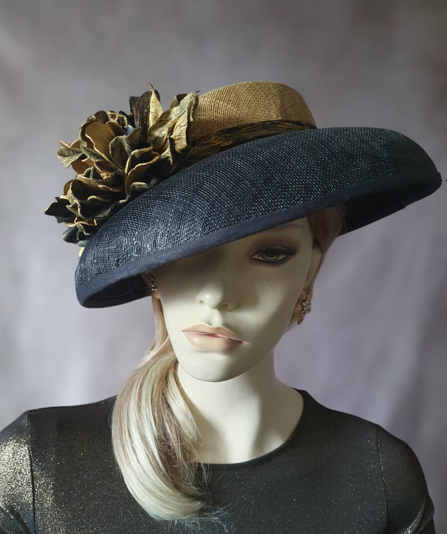 Elegant handmade fascinator from sinamay abaca silk and natural leather flower, guest headdress, ladies hat, special events