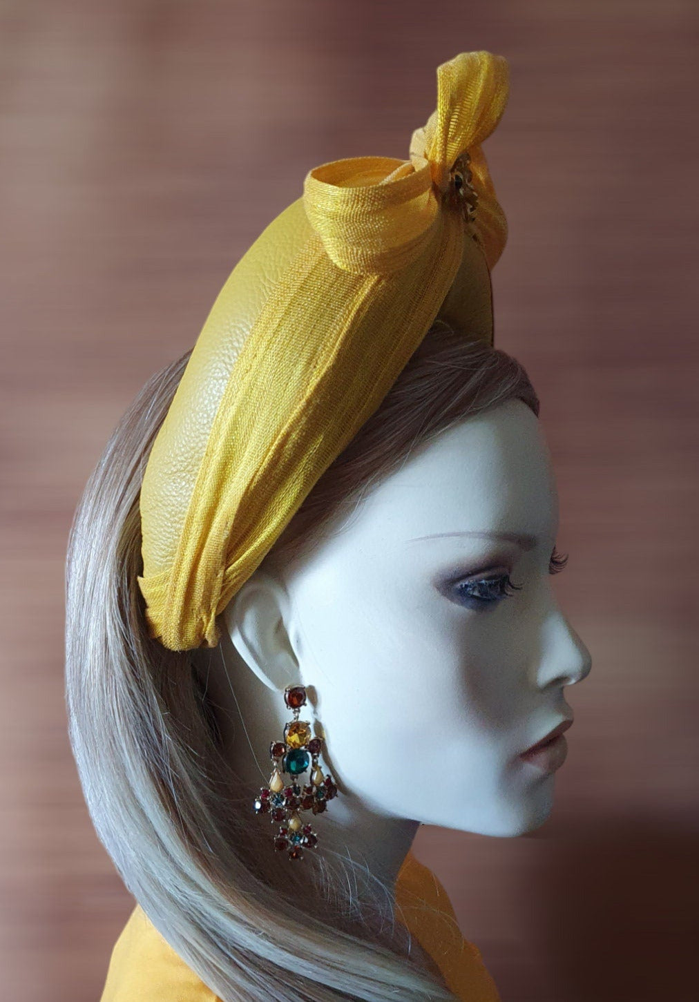 Handmade yellow headband from natural leather with bee applications silk abaca - beautiful headband, festive unique diadem, wedding