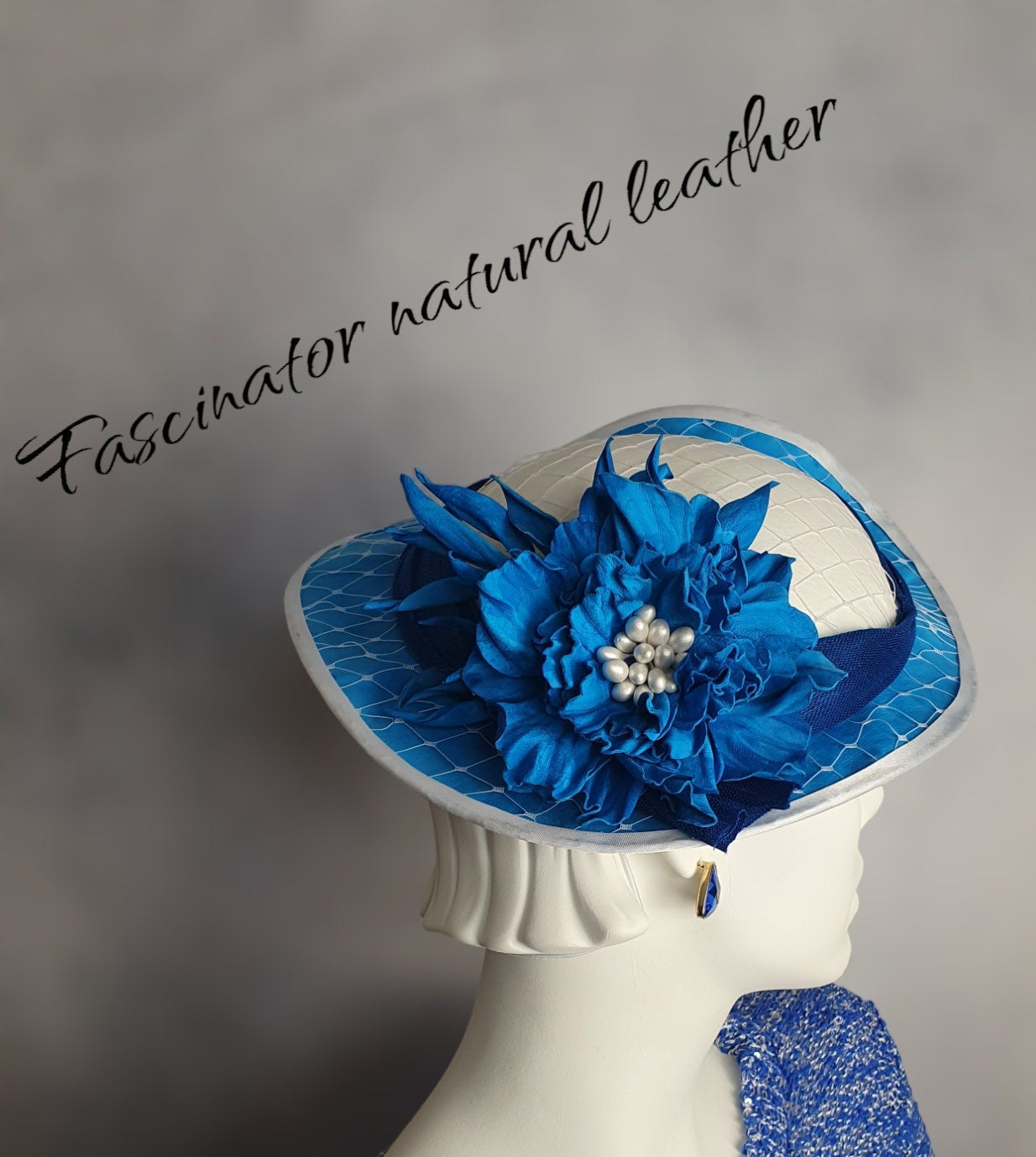 Fascinator white with blue from natural leather with abaca silk, handmade, wedding headdress, elegant women's hat for special occasion