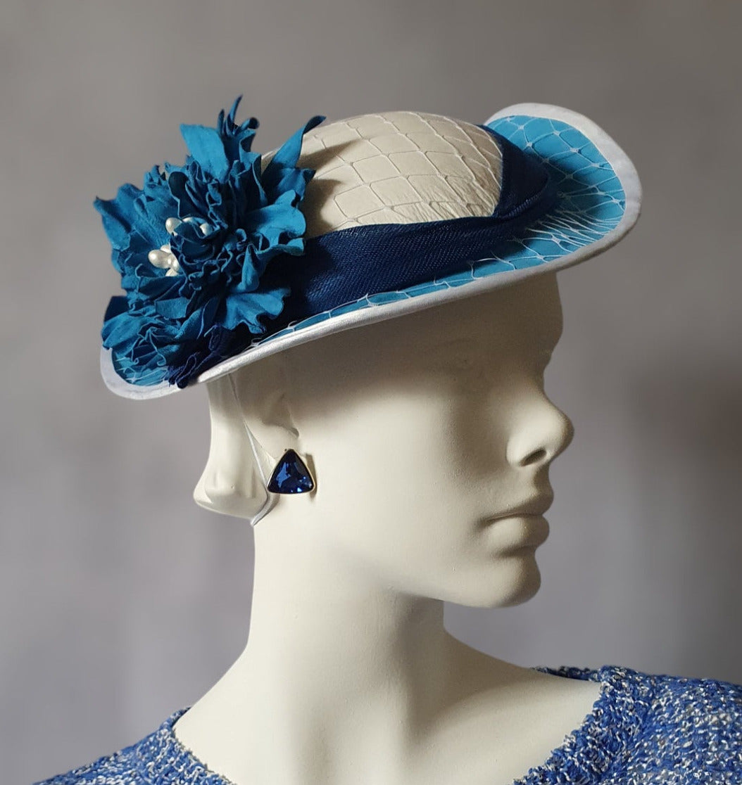 Fascinator white with blue from natural leather with abaca silk, handmade, wedding headdress, elegant women's hat for special occasion