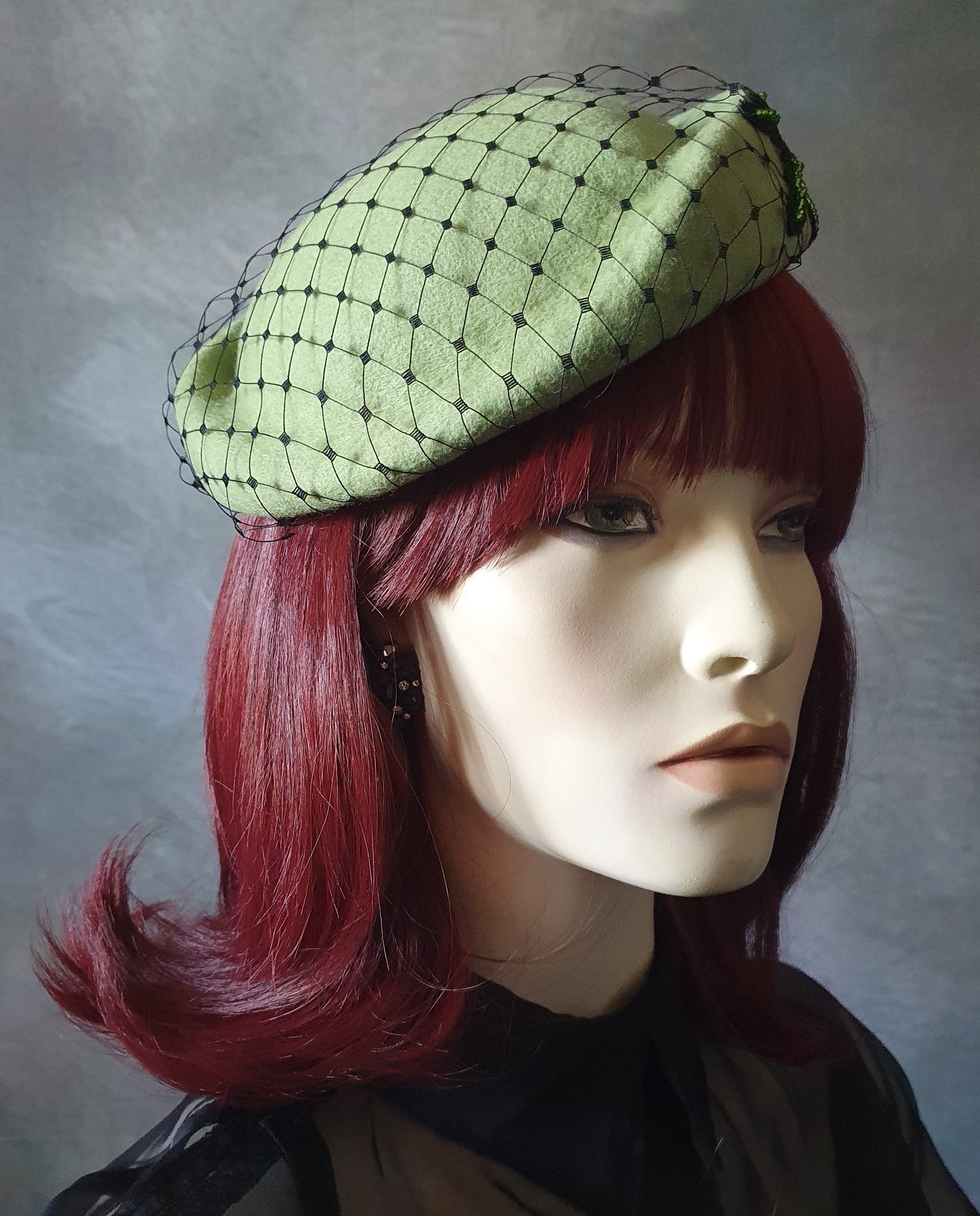 Unique green beret hat, handmade with lace veil, winter hat, fascinator, guest hat, event, wedding, special occasions