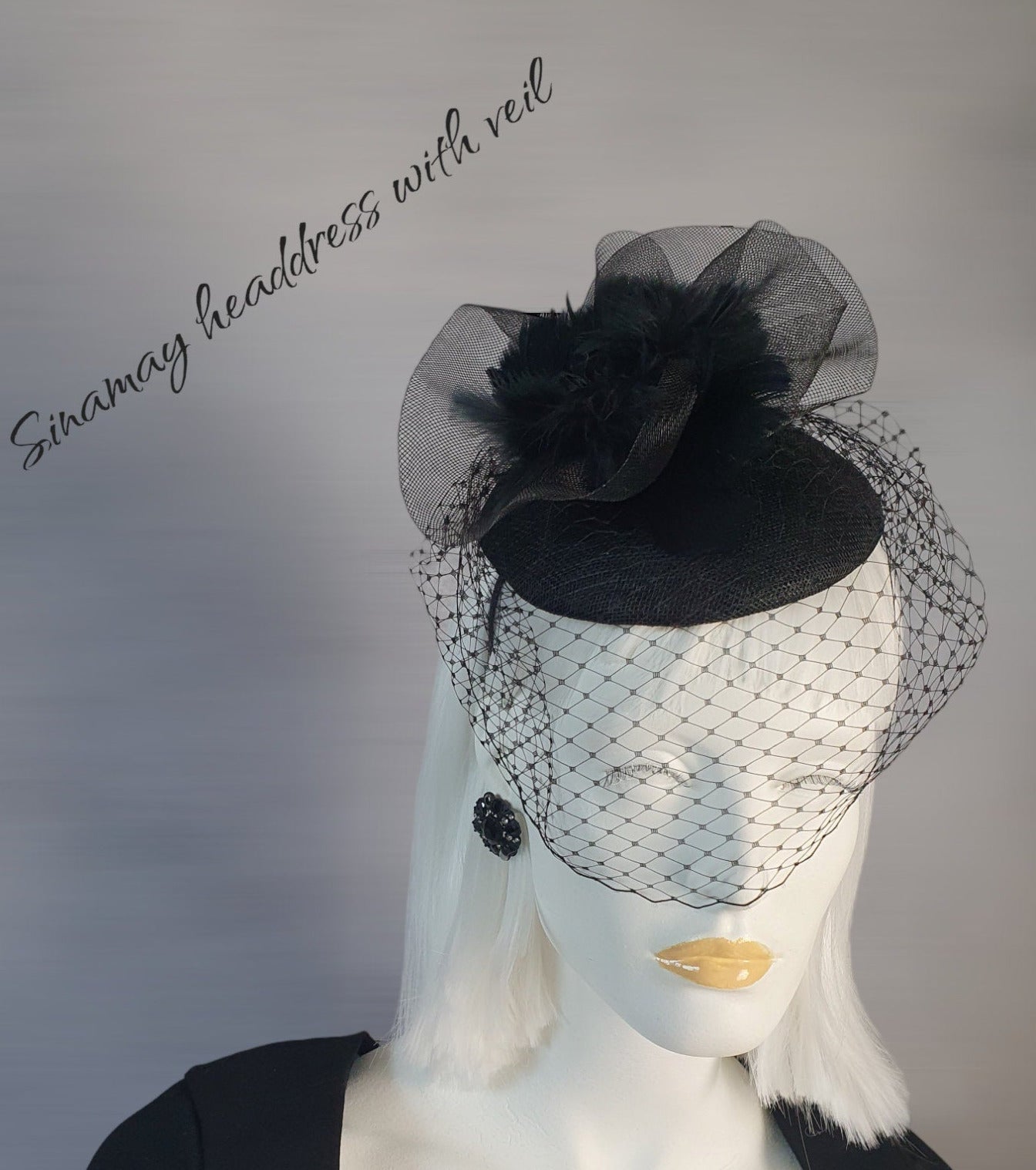Black fascinator handmade from sinamay, with crinoline rooster feathers and metal diadem, headdress - Perfect for festive occasions