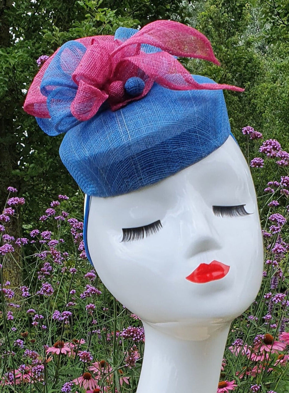 Fascinator handmade blue sinamay with fuchsia color, bridal headdress - Perfect for weddings and festive occasions