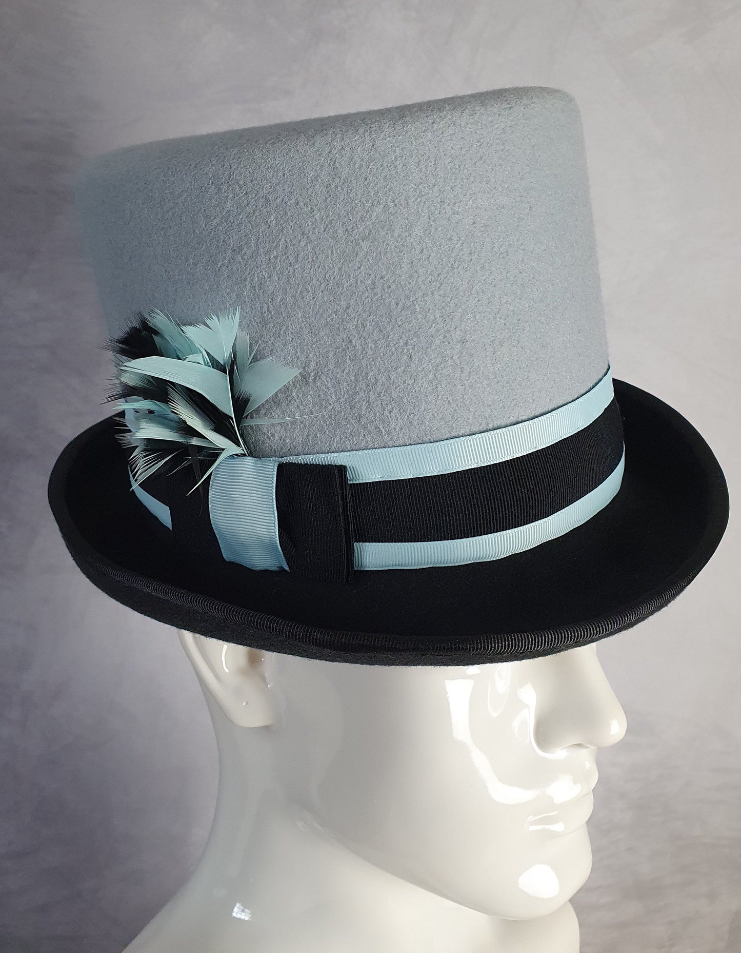Handmade felt hat with pheasant feathers, blue with dark gray top hat, unisex hat, Victorian hat - perfect for special occasions