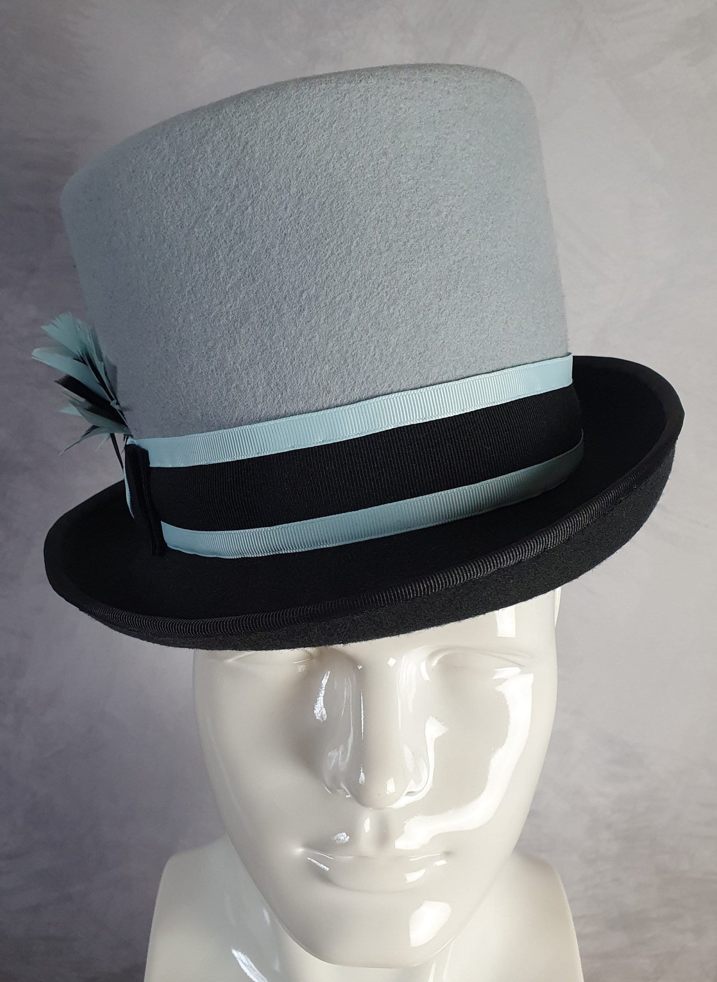 Handmade felt hat with pheasant feathers, blue with dark gray top hat, unisex hat, Victorian hat - perfect for special occasions